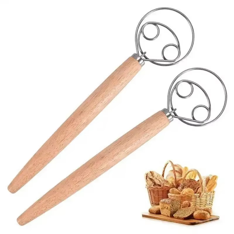 Danish Pancake Pan - 13 インチデンマーク生地泡立て器ステンレス鋼オランダスタイルパン生地ハンドミキサー木製ハンドルキッチンベーキングツール職人ブレンダー